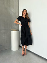 Load image into Gallery viewer, Cyrene Short Sleeve Collared Black Midi Dress