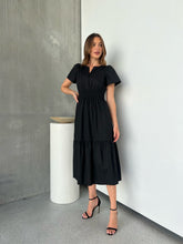 Load image into Gallery viewer, Cyrene Short Sleeve Collared Black Midi Dress
