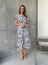 Load image into Gallery viewer, Heather Short Sleeve White/Blue Print Midi Dress