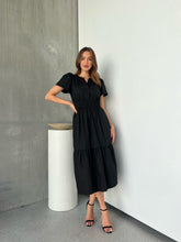 Load image into Gallery viewer, Cyrene Short Sleeve Collared Black Midi Dress