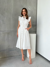 Load image into Gallery viewer, Estelle White Collared Frill Sleeve Pleated Midi Dress
