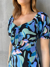 Load image into Gallery viewer, Lulu Tie Front Blue Multi Geo Print Midi Dress