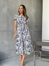 Load image into Gallery viewer, Heather Short Sleeve White/Blue Print Midi Dress