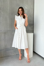 Load image into Gallery viewer, Estelle White Collared Frill Sleeve Pleated Midi Dress
