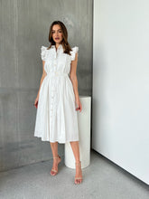 Load image into Gallery viewer, Estelle White Collared Frill Sleeve Pleated Midi Dress
