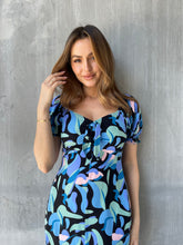 Load image into Gallery viewer, Lulu Tie Front Blue Multi Geo Print Midi Dress