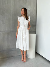 Load image into Gallery viewer, Estelle White Collared Frill Sleeve Pleated Midi Dress