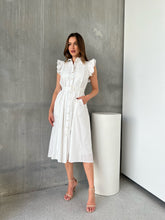 Load image into Gallery viewer, Estelle White Collared Frill Sleeve Pleated Midi Dress