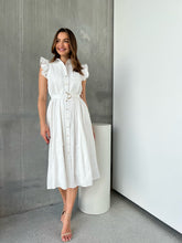 Load image into Gallery viewer, Estelle White Collared Frill Sleeve Pleated Midi Dress