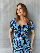 Load image into Gallery viewer, Lulu Tie Front Blue Multi Geo Print Midi Dress
