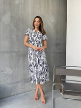 Load image into Gallery viewer, Heather Short Sleeve White/Blue Print Midi Dress