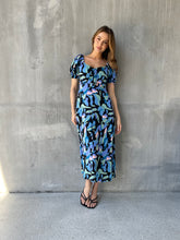 Load image into Gallery viewer, Lulu Tie Front Blue Multi Geo Print Midi Dress