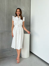 Load image into Gallery viewer, Estelle White Collared Frill Sleeve Pleated Midi Dress