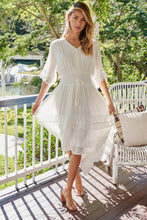 Load image into Gallery viewer, Alize Lace Detail Shirred Waist Swiss Dot Midi Dress