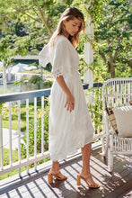 Load image into Gallery viewer, Alize Lace Detail Shirred Waist Swiss Dot Midi Dress