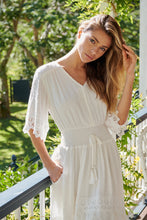 Load image into Gallery viewer, Alize Lace Detail Shirred Waist Swiss Dot Midi Dress