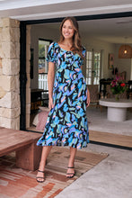 Load image into Gallery viewer, Lulu Tie Front Blue Multi Geo Print Midi Dress