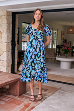 Load image into Gallery viewer, Lulu Tie Front Blue Multi Geo Print Midi Dress