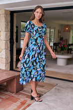 Load image into Gallery viewer, Lulu Tie Front Blue Multi Geo Print Midi Dress