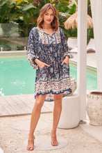 Load image into Gallery viewer, Janis Blue/Brown Floral Boho L/Sleeve Smock Dress