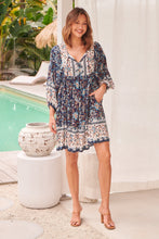 Load image into Gallery viewer, Janis Blue/Brown Floral Boho L/Sleeve Smock Dress