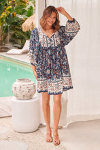 Load image into Gallery viewer, Janis Blue/Brown Floral Boho L/Sleeve Smock Dress