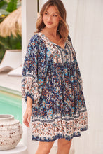 Load image into Gallery viewer, Janis Blue/Brown Floral Boho L/Sleeve Smock Dress
