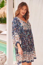 Load image into Gallery viewer, Janis Blue/Brown Floral Boho L/Sleeve Smock Dress