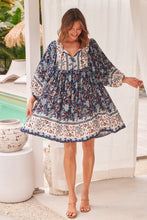 Load image into Gallery viewer, Janis Blue/Brown Floral Boho L/Sleeve Smock Dress