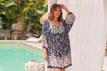 Load image into Gallery viewer, Janis Blue/Brown Floral Boho L/Sleeve Smock Dress