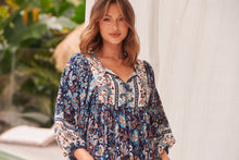 Load image into Gallery viewer, Janis Blue/Brown Floral Boho L/Sleeve Smock Dress