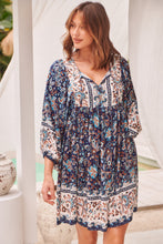 Load image into Gallery viewer, Janis Blue/Brown Floral Boho L/Sleeve Smock Dress