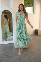 Load image into Gallery viewer, Augustina Button Green Cream Nature Print Maxi Dress