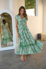 Load image into Gallery viewer, Augustina Button Green Cream Nature Print Maxi Dress