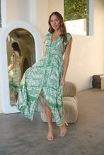 Load image into Gallery viewer, Augustina Button Green Cream Nature Print Maxi Dress