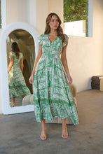 Load image into Gallery viewer, Augustina Button Green Cream Nature Print Maxi Dress