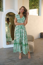 Load image into Gallery viewer, Augustina Button Green Cream Nature Print Maxi Dress