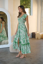 Load image into Gallery viewer, Augustina Button Green Cream Nature Print Maxi Dress