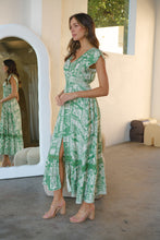 Load image into Gallery viewer, Augustina Button Green Cream Nature Print Maxi Dress