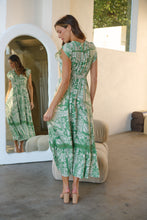 Load image into Gallery viewer, Augustina Button Green Cream Nature Print Maxi Dress