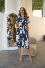 Load image into Gallery viewer, Gertrude Black/Cream Abstract Print Button Front Midi Dress