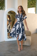 Load image into Gallery viewer, Gertrude Black/Cream Abstract Print Button Front Midi Dress