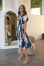 Load image into Gallery viewer, Gertrude Black/Cream Abstract Print Button Front Midi Dress
