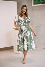 Load image into Gallery viewer, Gianna Leaf Green/White Palm Print Button Front Belted Midi Dress
