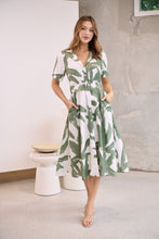 Load image into Gallery viewer, Gianna Leaf Green/White Palm Print Button Front Belted Midi Dress