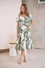 Load image into Gallery viewer, Gianna Leaf Green/White Palm Print Button Front Belted Midi Dress