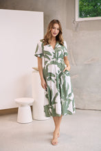 Load image into Gallery viewer, Gianna Leaf Green/White Palm Print Button Front Belted Midi Dress