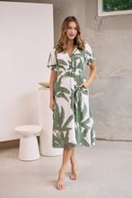 Load image into Gallery viewer, Gianna Leaf Green/White Palm Print Button Front Belted Midi Dress