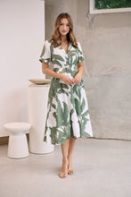 Load image into Gallery viewer, Gianna Leaf Green/White Palm Print Button Front Belted Midi Dress