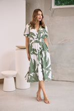 Load image into Gallery viewer, Gianna Leaf Green/White Palm Print Button Front Belted Midi Dress